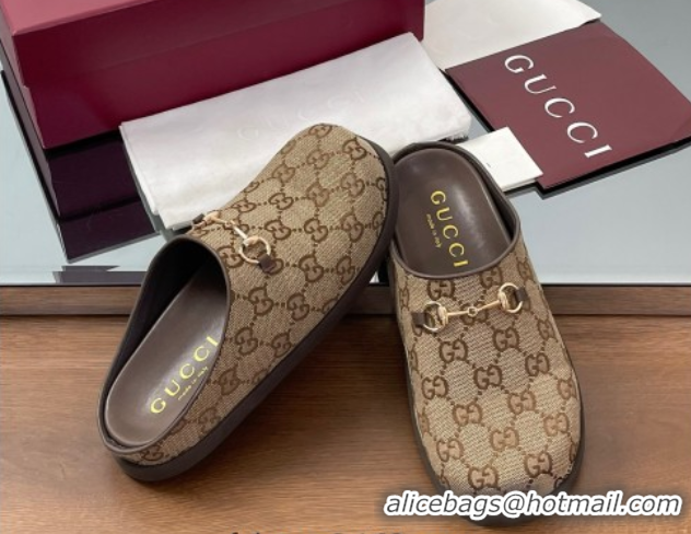 Best Product Gucci GG Canvas Mules with Horsebit Brown 0609069