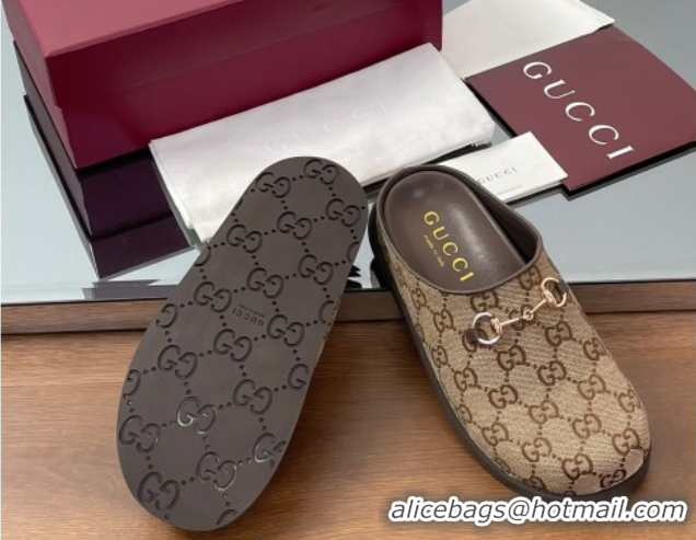 Best Product Gucci GG Canvas Mules with Horsebit Brown 0609069