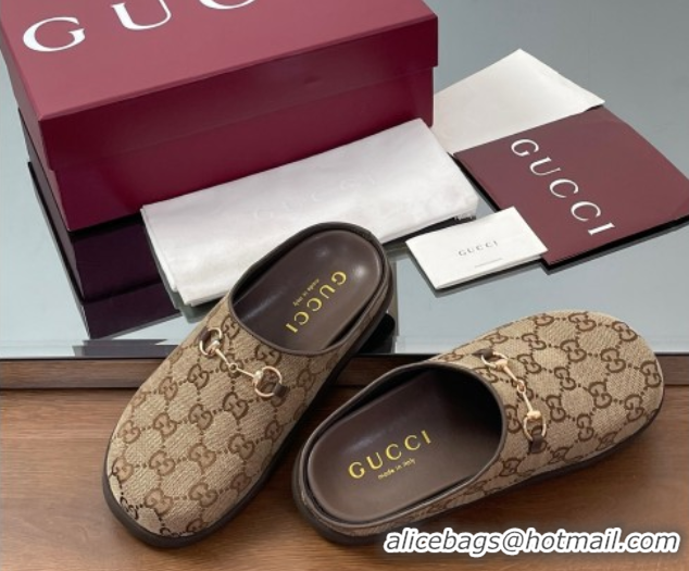 Best Product Gucci GG Canvas Mules with Horsebit Brown 0609069