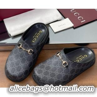Top Design Gucci GG Canvas Mules with Horsebit Black/Grey 0609071