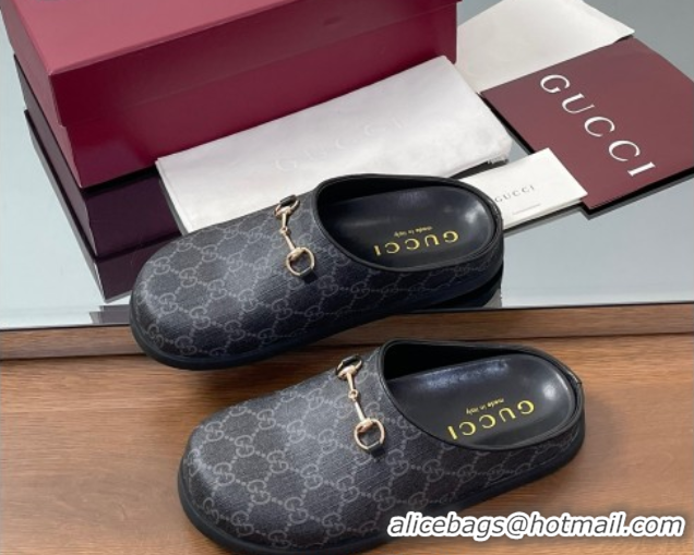 Top Design Gucci GG Canvas Mules with Horsebit Black/Grey 0609071