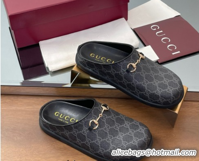 Top Design Gucci GG Canvas Mules with Horsebit Black/Grey 0609071