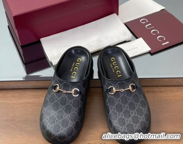 Top Design Gucci GG Canvas Mules with Horsebit Black/Grey 0609071