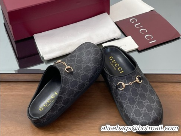 Top Design Gucci GG Canvas Mules with Horsebit Black/Grey 0609071