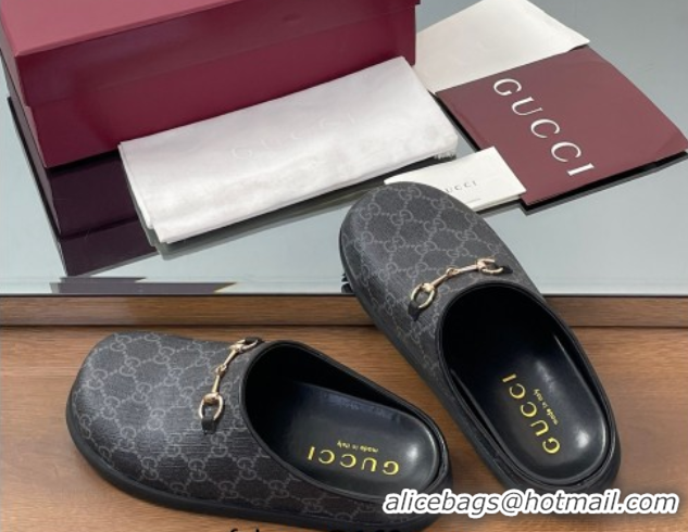 Top Design Gucci GG Canvas Mules with Horsebit Black/Grey 0609071
