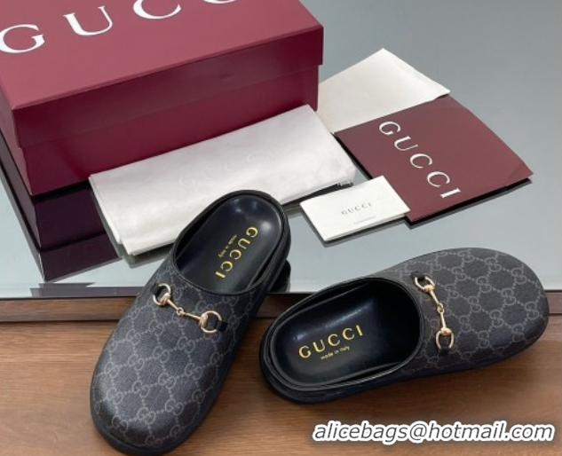 Top Design Gucci GG Canvas Mules with Horsebit Black/Grey 0609071