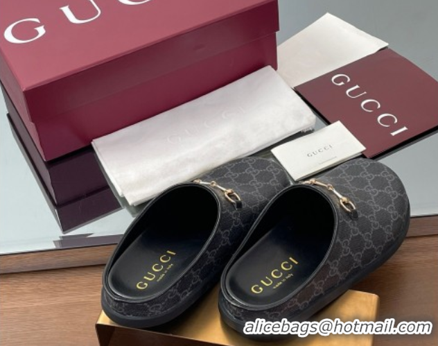Top Design Gucci GG Canvas Mules with Horsebit Black/Grey 0609071