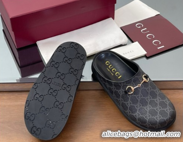 Top Design Gucci GG Canvas Mules with Horsebit Black/Grey 0609071