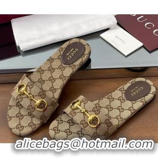 Grade Quality Gucci GG Canvas Flat Slides Sandal with Horsebit Brown 0609072