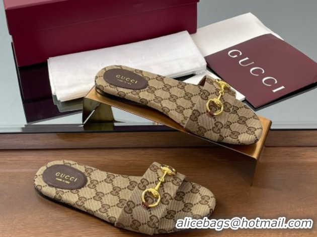 Grade Quality Gucci GG Canvas Flat Slides Sandal with Horsebit Brown 0609072