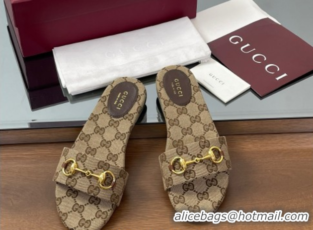 Grade Quality Gucci GG Canvas Flat Slides Sandal with Horsebit Brown 0609072