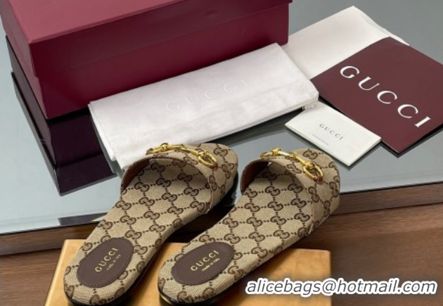 Grade Quality Gucci GG Canvas Flat Slides Sandal with Horsebit Brown 0609072