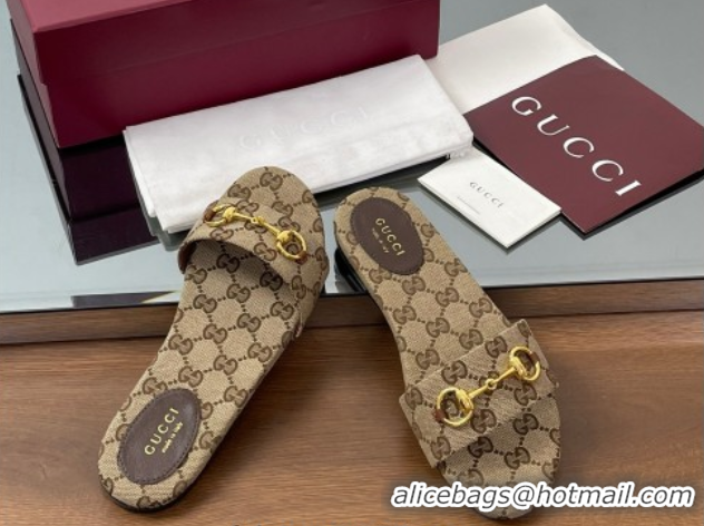 Grade Quality Gucci GG Canvas Flat Slides Sandal with Horsebit Brown 0609072