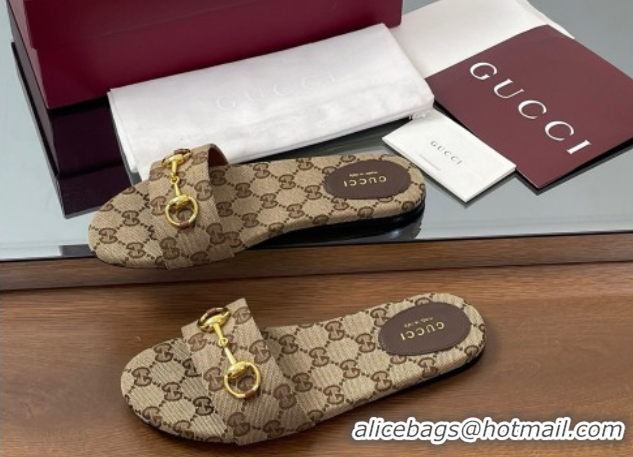 Grade Quality Gucci GG Canvas Flat Slides Sandal with Horsebit Brown 0609072