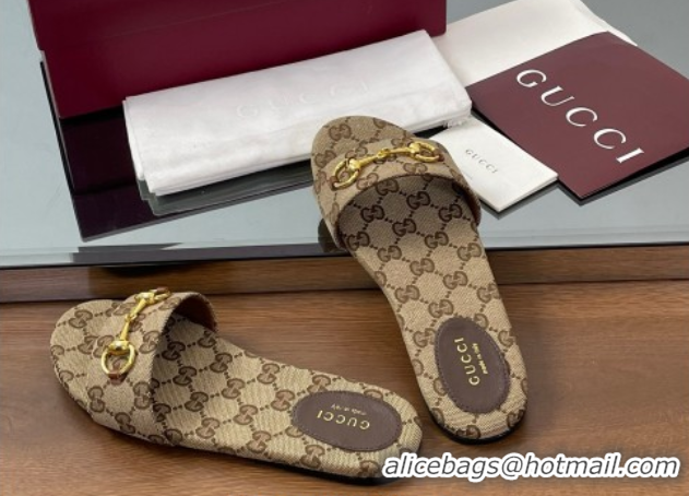Grade Quality Gucci GG Canvas Flat Slides Sandal with Horsebit Brown 0609072