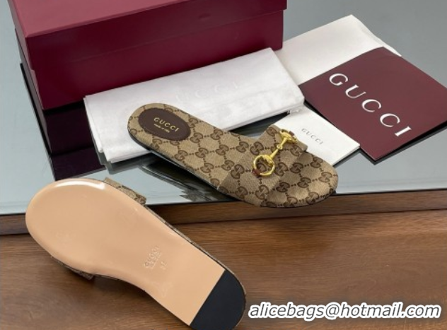 Grade Quality Gucci GG Canvas Flat Slides Sandal with Horsebit Brown 0609072