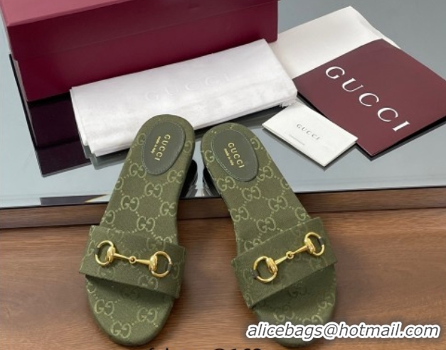 Top Grade Gucci GG Canvas Flat Slides Sandal with Horsebit Dark Green 0609075