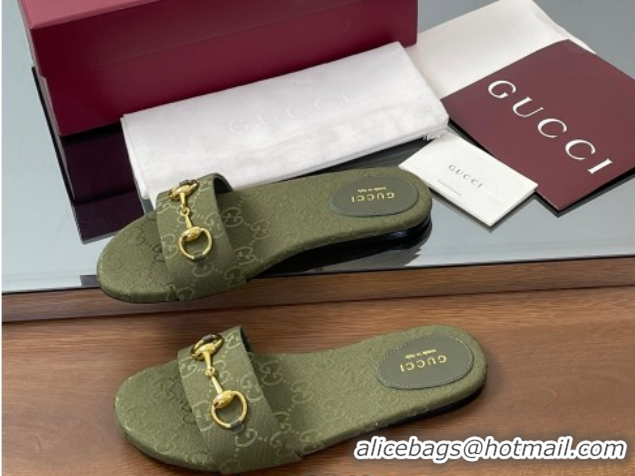 Top Grade Gucci GG Canvas Flat Slides Sandal with Horsebit Dark Green 0609075