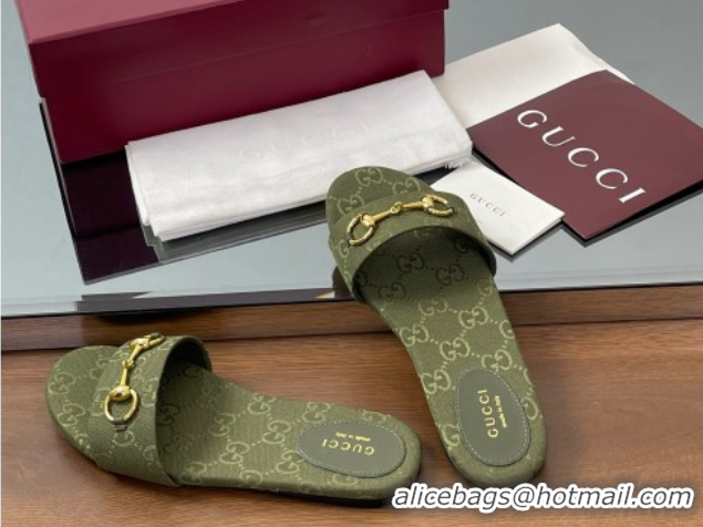 Top Grade Gucci GG Canvas Flat Slides Sandal with Horsebit Dark Green 0609075