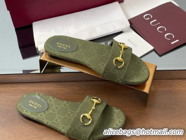 Top Grade Gucci GG Canvas Flat Slides Sandal with Horsebit Dark Green 0609075