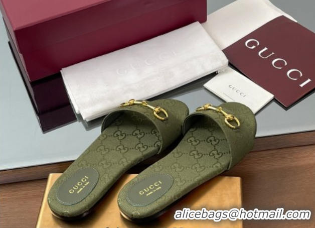Top Grade Gucci GG Canvas Flat Slides Sandal with Horsebit Dark Green 0609075