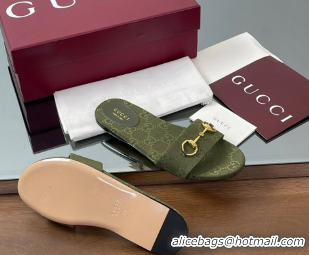 Top Grade Gucci GG Canvas Flat Slides Sandal with Horsebit Dark Green 0609075