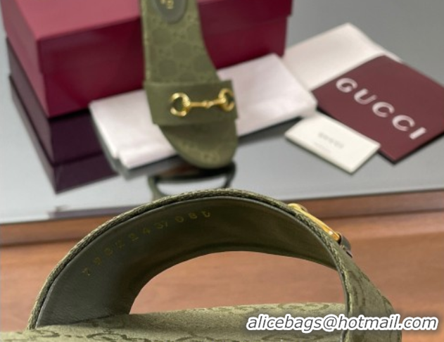Top Grade Gucci GG Canvas Flat Slides Sandal with Horsebit Dark Green 0609075
