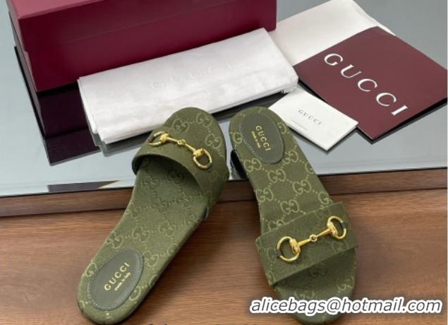 Top Grade Gucci GG Canvas Flat Slides Sandal with Horsebit Dark Green 0609075