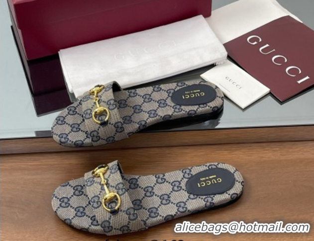 Buy Luxury Gucci GG Canvas Flat Slides Sandal with Horsebit Grey 0609077