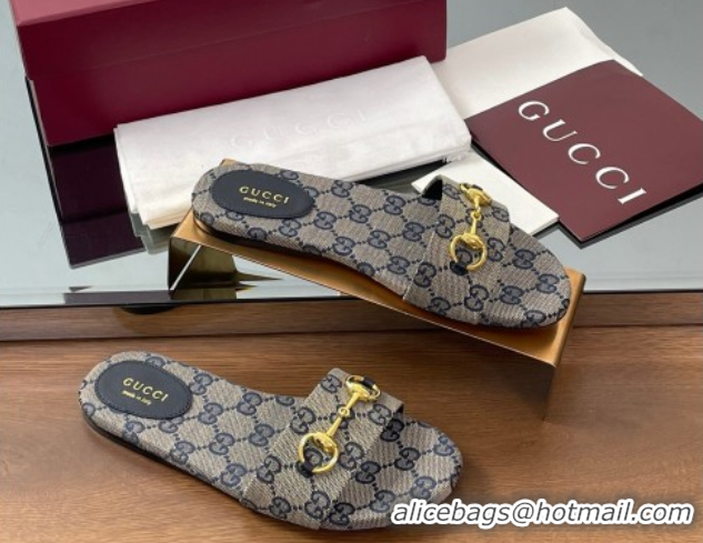 Buy Luxury Gucci GG Canvas Flat Slides Sandal with Horsebit Grey 0609077