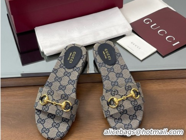 Buy Luxury Gucci GG Canvas Flat Slides Sandal with Horsebit Grey 0609077