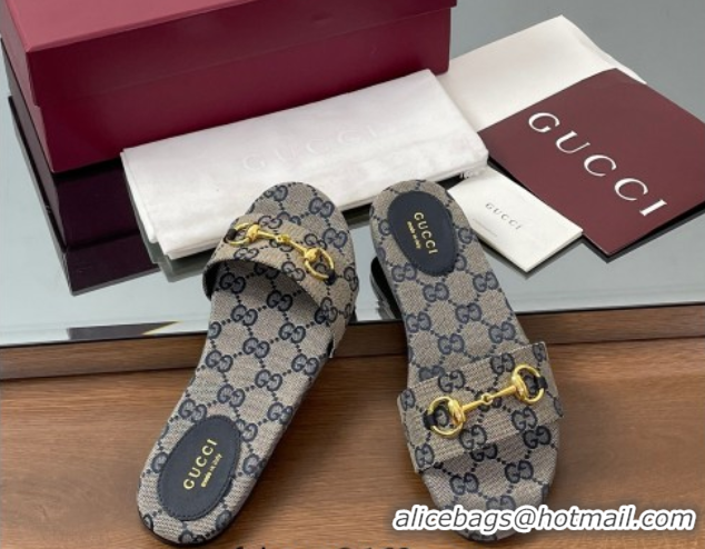 Buy Luxury Gucci GG Canvas Flat Slides Sandal with Horsebit Grey 0609077