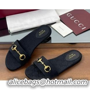 Shop Duplicate Gucci GG Canvas Flat Slides Sandal with Horsebit Black 0609078