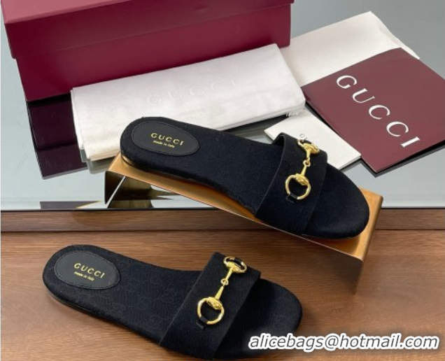 Shop Duplicate Gucci GG Canvas Flat Slides Sandal with Horsebit Black 0609078