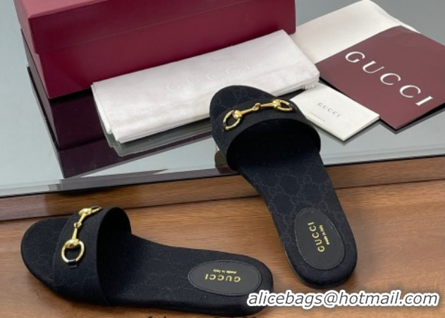 Shop Duplicate Gucci GG Canvas Flat Slides Sandal with Horsebit Black 0609078