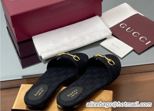 Shop Duplicate Gucci GG Canvas Flat Slides Sandal with Horsebit Black 0609078