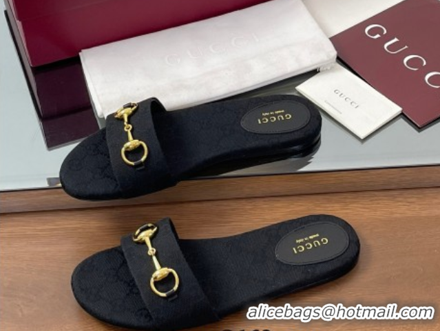 Shop Duplicate Gucci GG Canvas Flat Slides Sandal with Horsebit Black 0609078