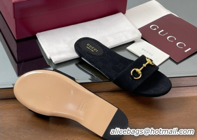 Shop Duplicate Gucci GG Canvas Flat Slides Sandal with Horsebit Black 0609078