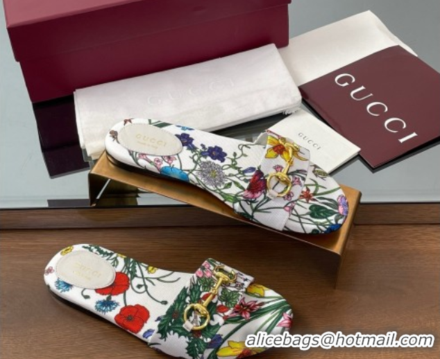 Charming Gucci GG Canvas Flat Slides Sandal with Horsebit and Floral Print White/Multicolored 0609073