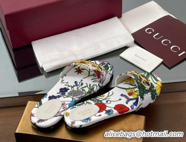 Charming Gucci GG Canvas Flat Slides Sandal with Horsebit and Floral Print White/Multicolored 0609073