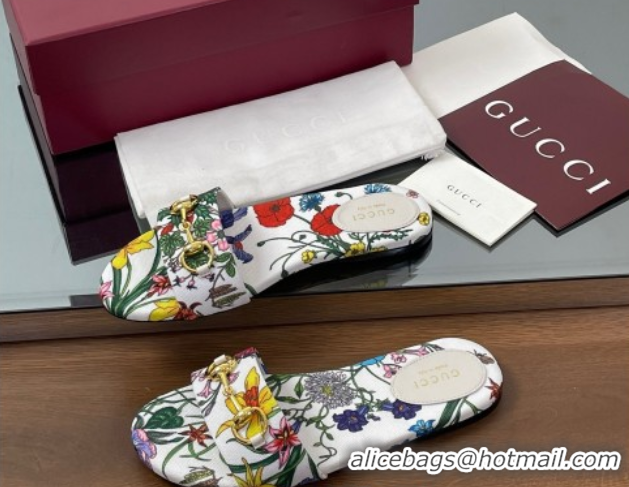 Charming Gucci GG Canvas Flat Slides Sandal with Horsebit and Floral Print White/Multicolored 0609073
