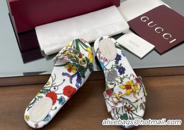 Charming Gucci GG Canvas Flat Slides Sandal with Horsebit and Floral Print White/Multicolored 0609073