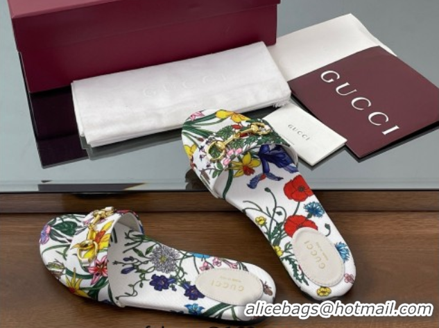 Charming Gucci GG Canvas Flat Slides Sandal with Horsebit and Floral Print White/Multicolored 0609073