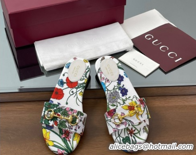 Charming Gucci GG Canvas Flat Slides Sandal with Horsebit and Floral Print White/Multicolored 0609073