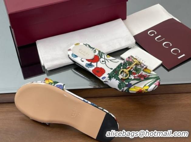 Charming Gucci GG Canvas Flat Slides Sandal with Horsebit and Floral Print White/Multicolored 0609073