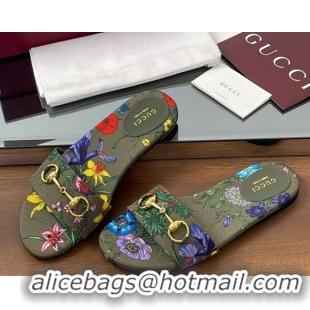 Popular Style Gucci GG Canvas Flat Slides Sandal with Horsebit and Floral Print Green/Multicolored 0609074