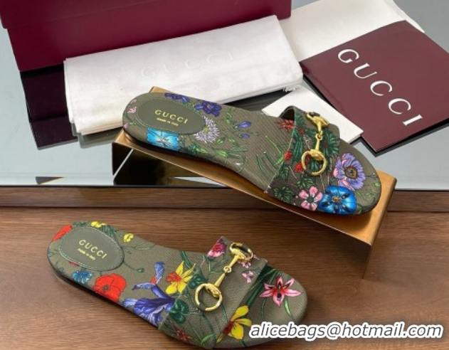 Popular Style Gucci GG Canvas Flat Slides Sandal with Horsebit and Floral Print Green/Multicolored 0609074