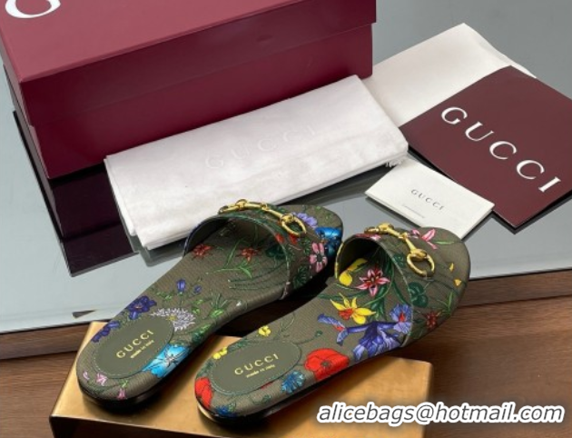 Popular Style Gucci GG Canvas Flat Slides Sandal with Horsebit and Floral Print Green/Multicolored 0609074