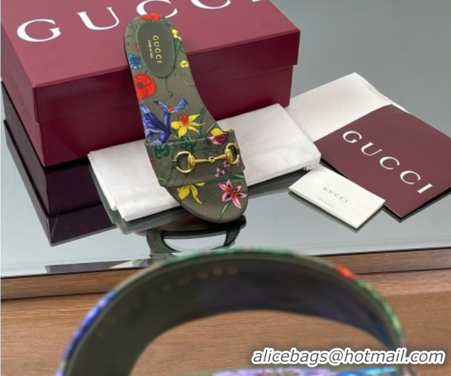 Popular Style Gucci GG Canvas Flat Slides Sandal with Horsebit and Floral Print Green/Multicolored 0609074