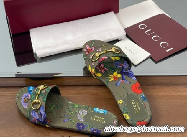 Popular Style Gucci GG Canvas Flat Slides Sandal with Horsebit and Floral Print Green/Multicolored 0609074